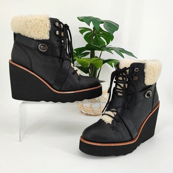 Coach Woman's Kenna Wedge Black Suede Shearling Ankle Boots Size 7B - Picture 1 of 9